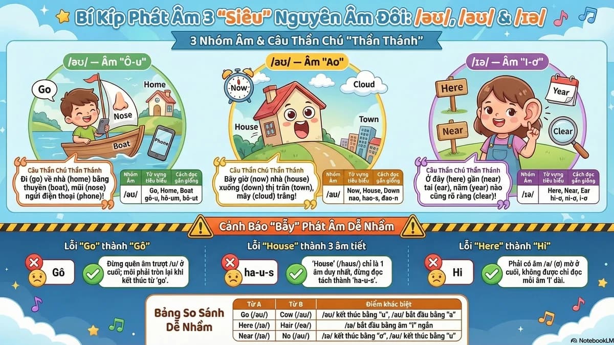 Nguyên âm đôi nhóm 2: /əʊ/ /aʊ/ /ɪə/
