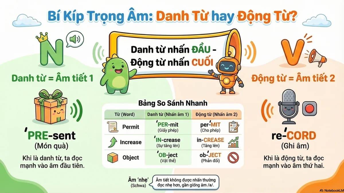 Trọng âm từ 2 âm tiết: danh từ vs động từ