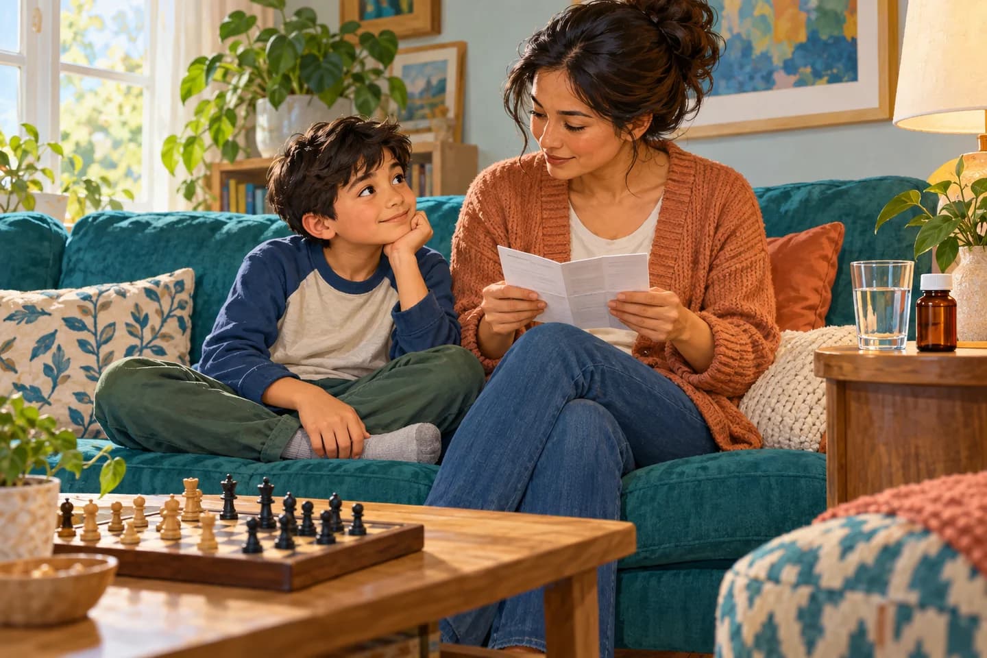 A fictional child resting beside his mother, who checks a leaflet; a chess game is set aside.