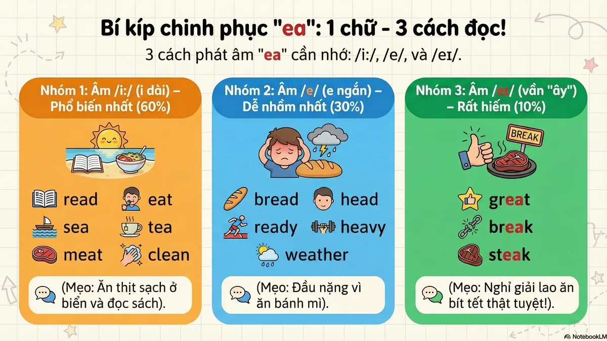 Tổ hợp "ea": 3 cách đọc