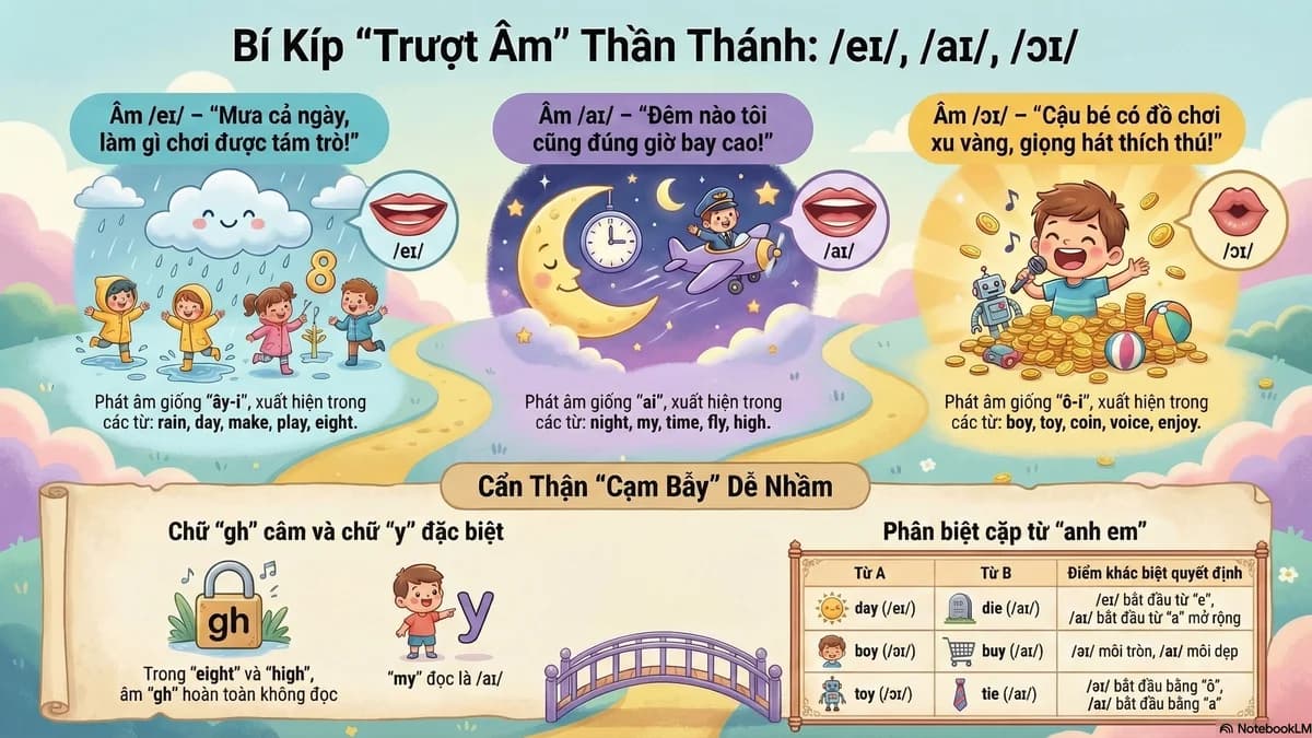 Nguyên âm đôi nhóm 1: /eɪ/ /aɪ/ /ɔɪ/