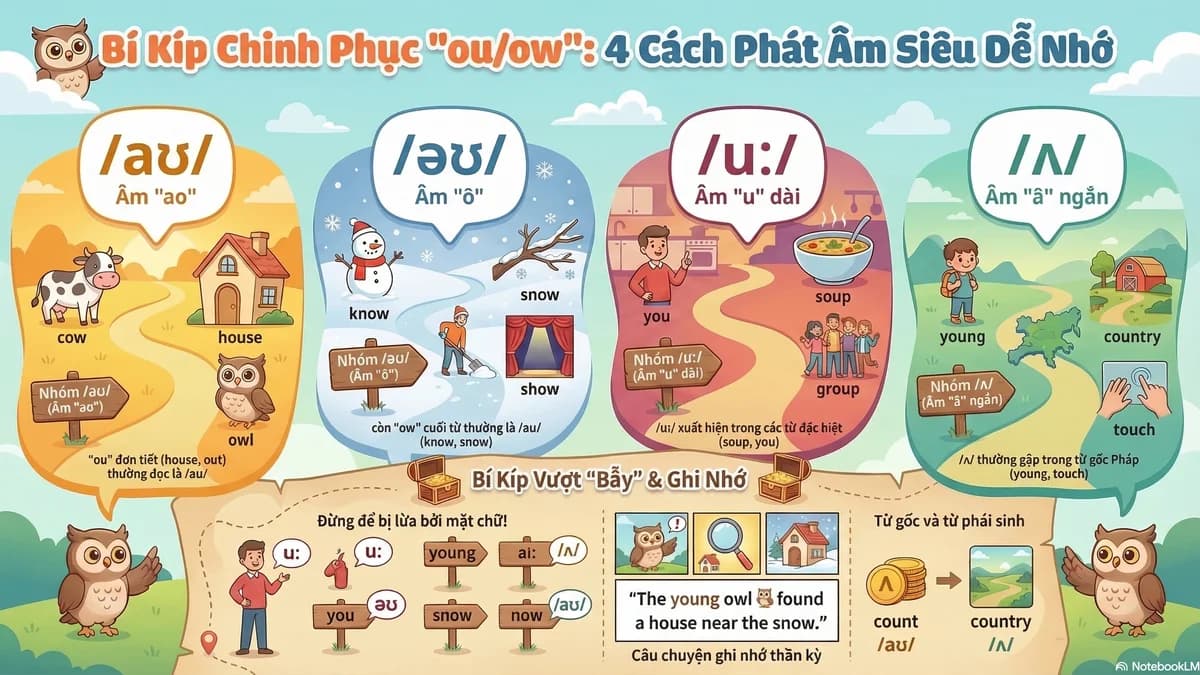 Tổ hợp "ou/ow": 4 cách đọc