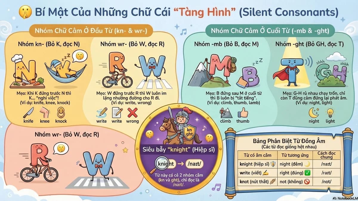 Phụ âm câm nhóm 1: kn- · wr- · -mb · -ght